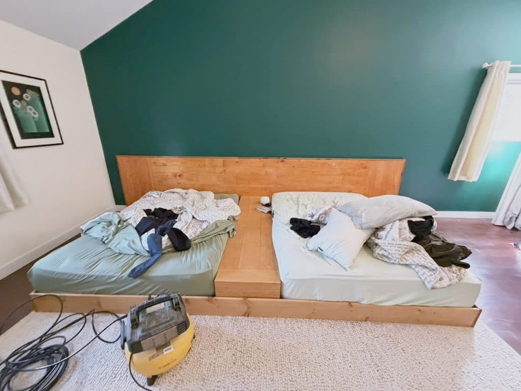 Platform bed + plank headboard + divider