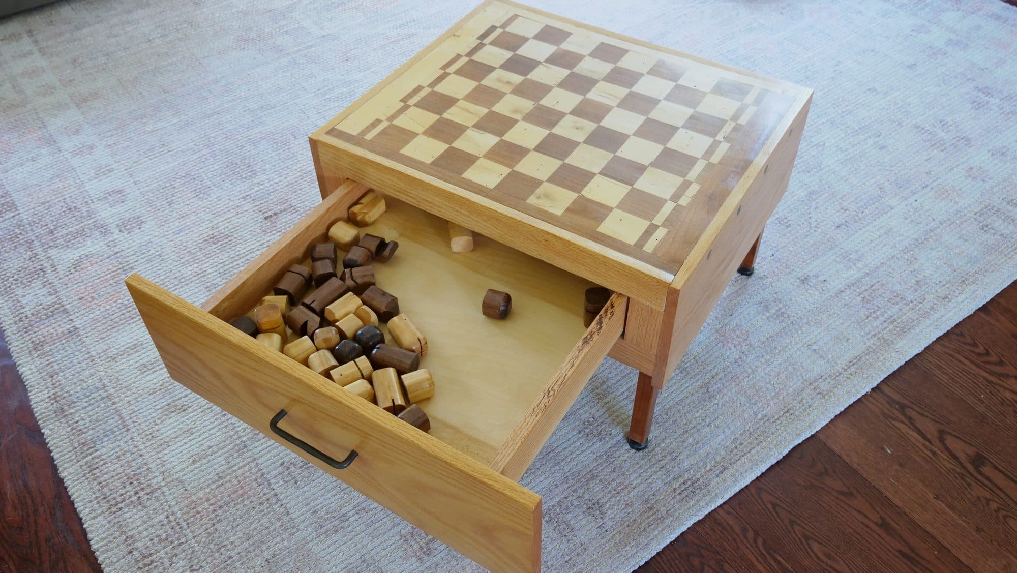 Chess table, drawer open w/ pieces