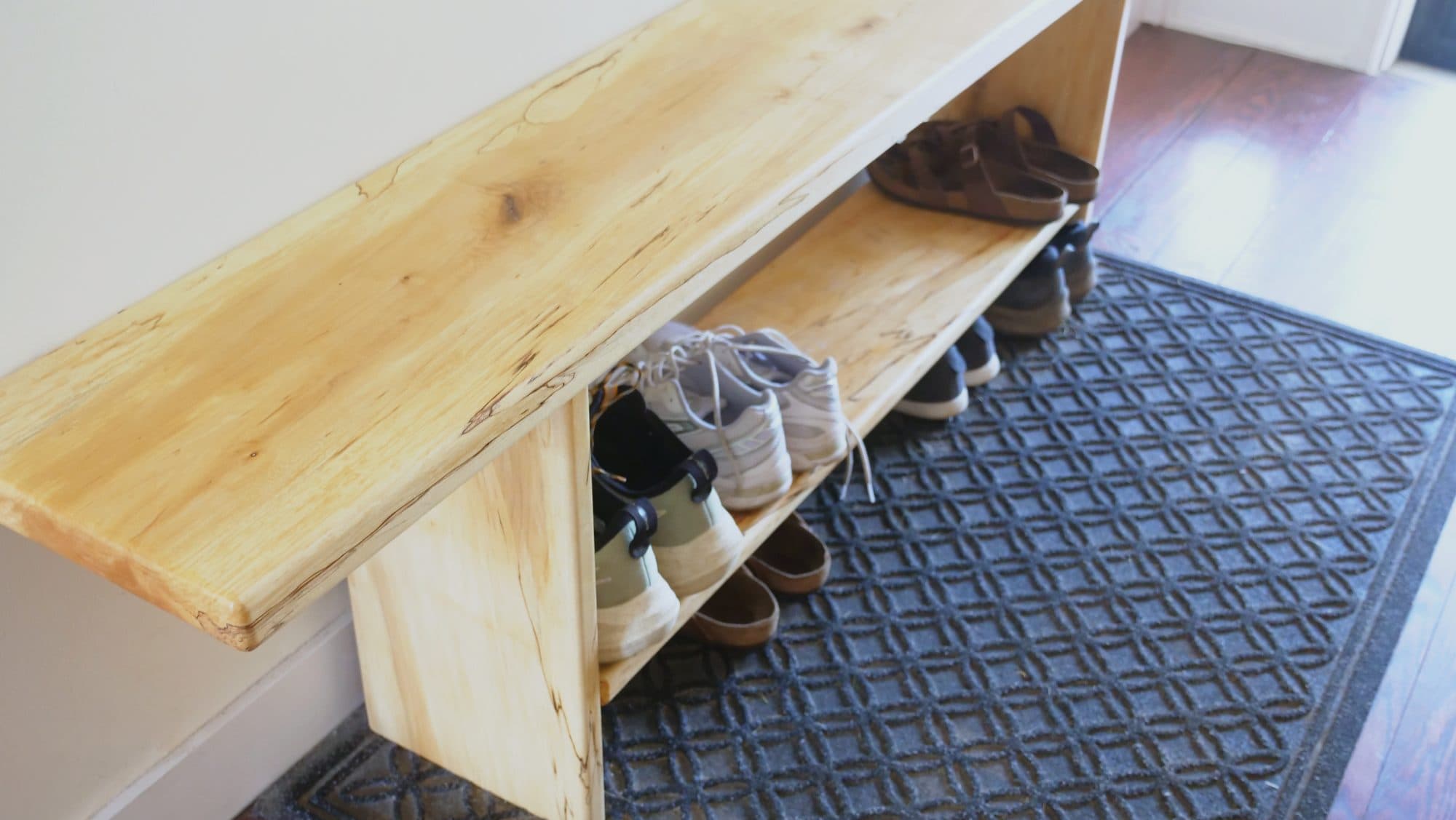 Spalted-maple shoe bench w/ shoes
