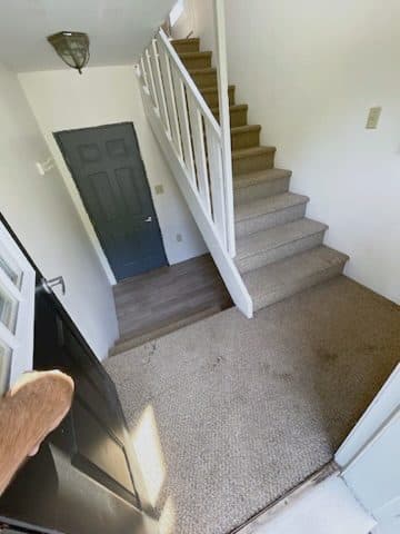 BEFORE: original carpeted stair + white spindles