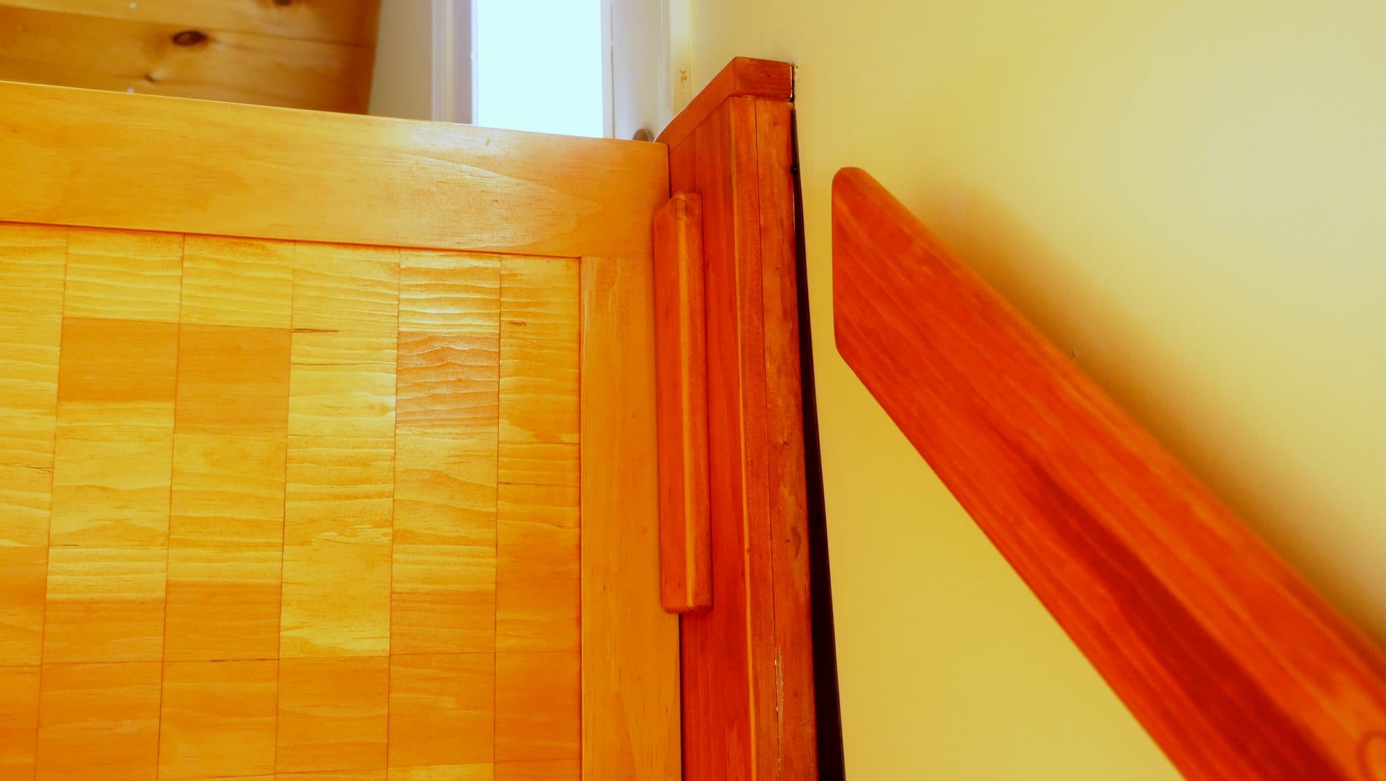 Newel guard panel, end-grain checkerboard, handrail