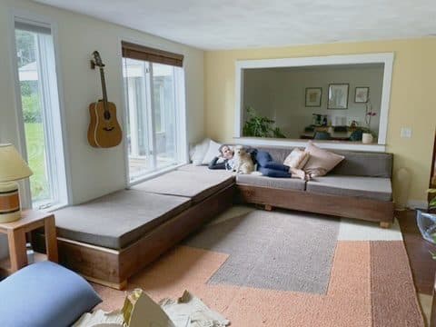 L-daybed in sunroom, person + dog