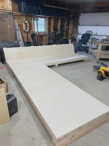 Low platform bed frame w/ bench ledge